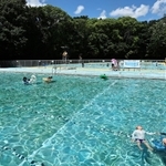 水と緑と空と。最後の夏を惜しむように、市民らがゆったりと水の感触を楽しんでいた＝神戸市灘区王子町、王子スポーツセンター（撮影・長嶺麻子）