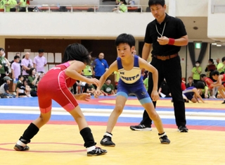 子どもたちの白熱の試合が繰り広げられた神戸レスリングフェスティバル＝神戸市灘区青谷町１、王子スポーツセンター