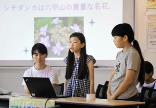 「シチダンカ」について発表する六甲山小の児童ら＝神戸市灘区六甲山町北六甲