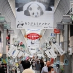 「ありがとうタンタン」とメッセージが添えられたタペストリーやのぼり旗が商店街を埋め尽くしている＝水道筋商店街