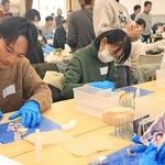 災害で浸水した写真を丁寧に拭く参加者ら＝神戸北野ノスタ