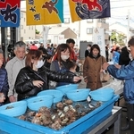 新鮮なサザエを買い求める親子連れら＝駒ケ林魚市場