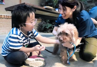 聴診器で犬の心音を聴く参加者＝神戸どうぶつ王国