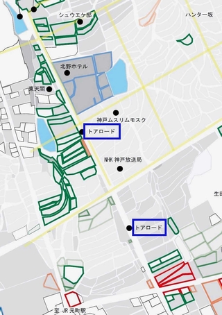 明治中期の地籍図を反映させた地図。緑色は女性名義の土地（小代薫さん作成・提供、青四角は加筆）