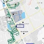 明治中期の地籍図を反映させた地図。緑色は女性名義の土地（小代薫さん作成・提供、青四角は加筆）