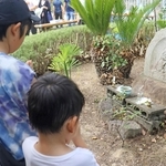 ２８年前の事件を胸に刻み、「なかよし地蔵」の前で手を合わせる子どもら＝神戸市須磨区友が丘８