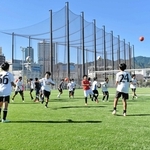 人工芝が敷かれ、ナイター照明も取り付けられた小野浜公園球技場＝中央区小野浜町