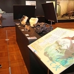 恐竜が絶滅した理由を紹介するパネル。化石の複製品なども合わせて紹介している＝神戸海洋博物館