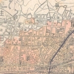 赤色が空襲で焼かれた区域。生田神社などが含まれる中で、北野周辺が辛うじて被害を免れたことが分かる（みずのわ出版「神戸市戦災焼失区域図　復刻版」より）