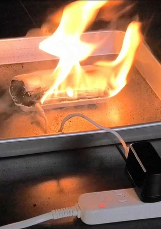 リチウムイオン電池が使われているモバイルバッテリーが出火する様子（神戸市消防局提供）