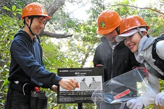 滝山城跡に解説板を設置する参加者ら＝神戸市中央区
