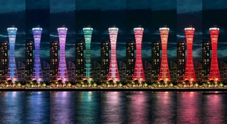 神戸ポートタワーのライトアップイメージ。９色から１色を選ぶ（神戸ウォーターフロント開発機構提供）