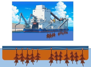 工事用船舶を活用してワカメ藻場をつくる実験のイメージ（中西敬・徳島大学環境防災研究センター客員教授提供）