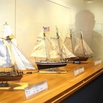 手作りの帆船模型が並ぶ作品展。モデルは同じでも、船体や色合いが微妙に異なる＝神戸海洋博物館