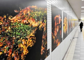 新長田駅の通路に設置された地元グルメの写真パネル＝神戸市長田区若松町４