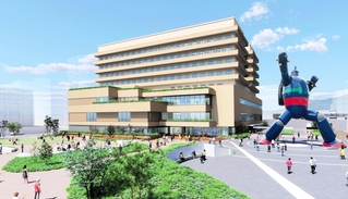 新たな西市民病院のイメージ。鉄人28号モニュメントと一体となった街のシンボルを目指す（神戸市民病院機構提供）