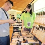 真剣な表情で鉋を吟味する来場者＝竹中大工道具館