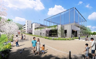 王子公園再整備で設けるシンボルプロムナードのイメージ。建物は立体駐車場で、屋上に防球ネットのあるテニスコートを造る（神戸市提供）