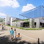 王子公園再整備で設けるシンボルプロムナードのイメージ。建物は立体駐車場で、屋上に防球ネットのあるテニスコートを造る（神戸市提供）
