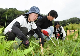 草刈りを通じて里山の生物多様性を学ぶ学生ら＝北区山田町西下