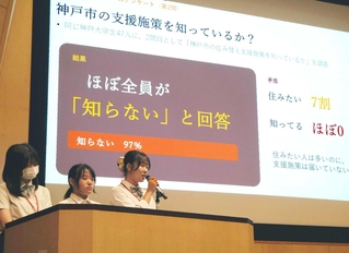 神戸市の住み替え支援施策について調べた成果を発表する生徒＝神戸大学百年記念館六甲ホール