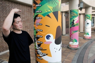 身長計アートを紹介する田村秀和さん。天王寺動物園の入り口の柱にあしらわれている＝大阪市天王寺区（撮影・高田康夫）