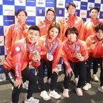 日体大のパリ五輪・パラリンピック報告会に出席した（前列左から）文田健一郎、阿部詩、藤波朱理、清岡幸大郎、（後列左から）樋口黎、富田宇宙、福永凌太、日下尚＝２６日、横浜市