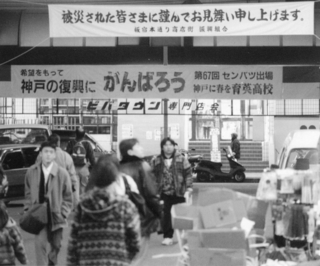 選抜高校野球大会出場が決まり、商店街に掲げられた育英高を激励する看板＝１９９５年２月２１日、神戸市