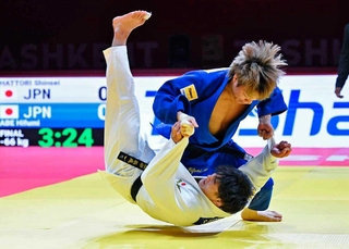 柔道ＧＳタシケント大会の男子６６キロ級決勝で服部辰成（下）を投げる阿部一二三＝タシケント（国際柔道連盟提供・共同）