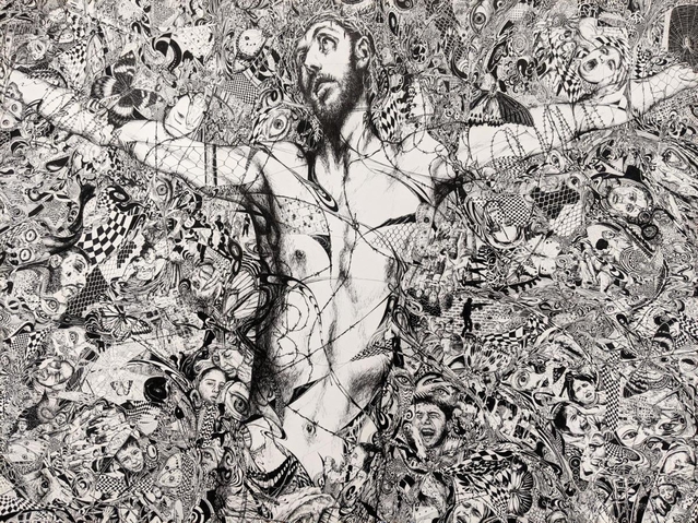 高田哲夫さんのペン画「ＣＲＹ－ＳＩＳ　クライシス」（部分、２０１７年）