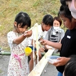 流しそうめんを楽しむ子どもら＝三木市志染町三津田