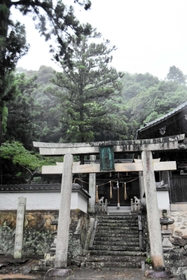 静かな森に囲まれる鳥居と社殿＝三木市細川町垂穂、御酒神社