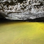 差し込む光の反射によって金色に見える「窟屋の金水」＝三木市志染町窟屋