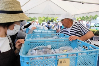 お目当てのブドウを買い求める人々。テントの向こうには長蛇の列が…＝三木市福井