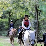 森の中での乗馬トレッキングを楽しむ５年生＝三木市別所町高木