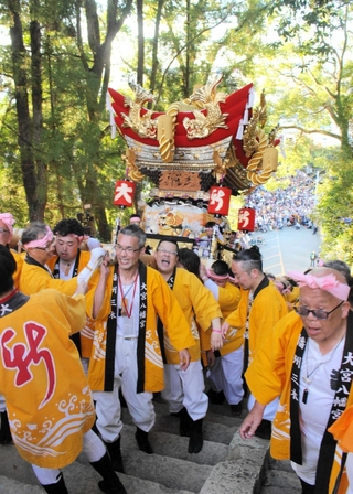 屋台を担ぎ石段を上る氏子たち＝２０２４年１０月１２日、三木市本町２、大宮八幡宮