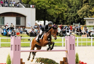 人馬一体となって障害を飛び越える様子を多くの観客が見守った＝三木ホースランドパーク