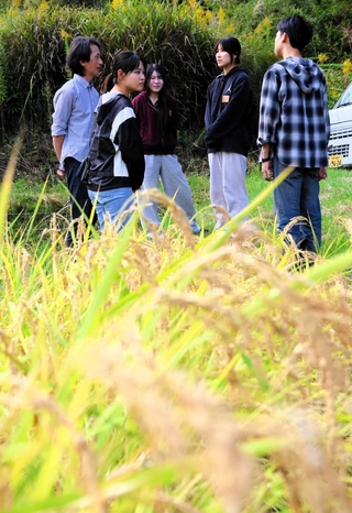 収穫前の田んぼを訪れ、専業農家の中井雅大さん（左）の話に耳を傾ける大学生＝三木市細川町脇川