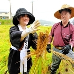山田錦の稲刈り作業に挑戦した大学生（左）と指導役の阪本昭村米部会長＝三木市吉川町冨岡