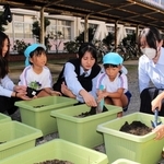 花植えを通して園児らと交流する吉川高校生＝三木市吉川町渡瀬