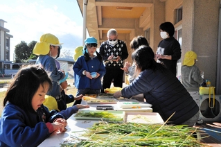 藤田健夫さん（奥中央）の指導で、もみすり器を使ったり、もみを数えたりする園児ら＝三樹幼稚園