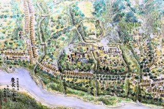 木内さんの新作「慶長期三木城想像復元図」＝みき歴史資料館