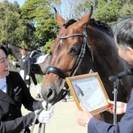 「三木市特別住民票」を交付される政宗と手綱を引く安田利実さん。奥はベルナルドＵと稗田龍馬さん＝三木市別所町高木
