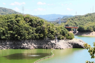 水位が下がっている呑吐ダムの貯水池＝三木市志染町三津田