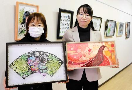 おの登茂子作品　　秋の絵画ポスター 源氏物語の切り絵と春のイラスト競演 明石で活動する2作家が作品