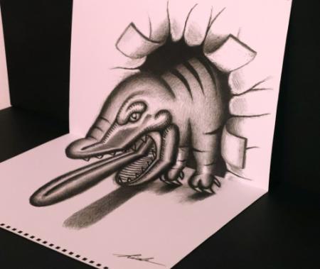 浮き上がるイルカ、手のひらを棒が貫通!? 鉛筆の陰影で錯覚誘う「3D