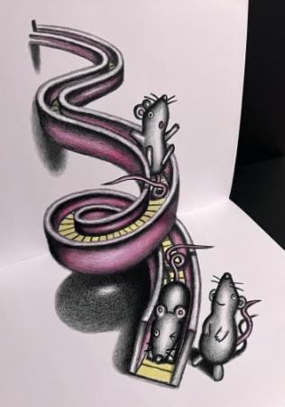 浮き上がるイルカ、手のひらを棒が貫通!? 鉛筆の陰影で錯覚誘う