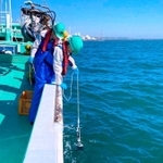 処理水の海洋放出が始まった東京電力福島第１原発の周辺で海水を採取する作業員＝２５日（環境省提供）