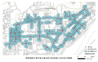 龍野高校の生徒がデジタルデータを活用して作成した防災地図。消火栓からホースが届く範囲を可視化した（同校提供）