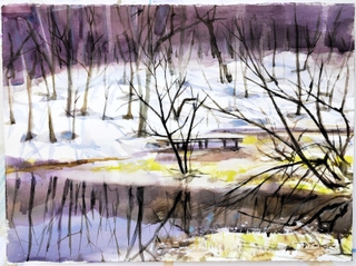 水彩画展に出される甲本喜胤さんの「瀞川湿原の残雪」（本人提供）